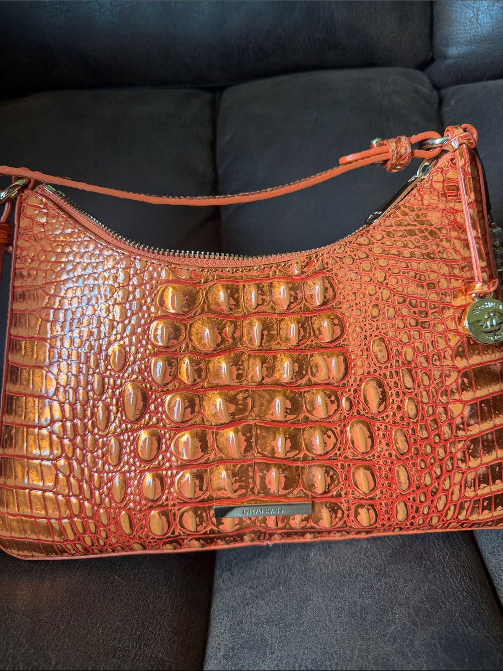 Bright Orange Croc-Embossed Brahmin shoulder bag
